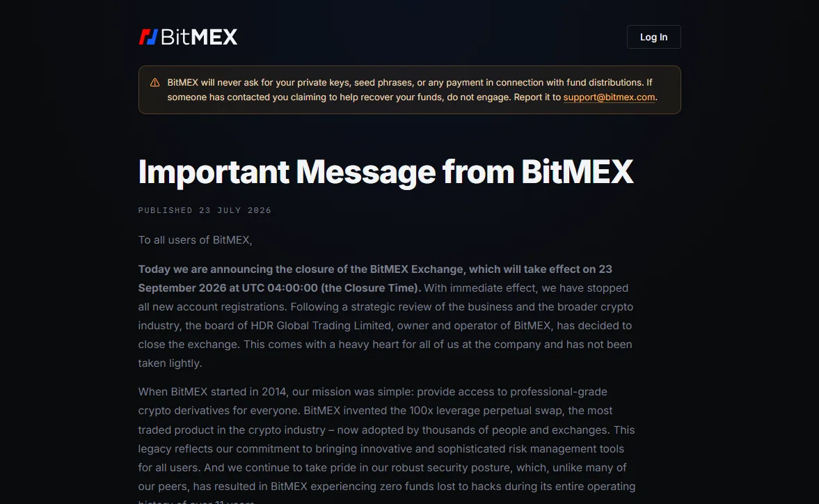 BitMEX closure announcement page headed Important Message from BitMEX, published 23 July 2026, with a banner warning that the exchange never asks for private keys, seed phrases or payments.